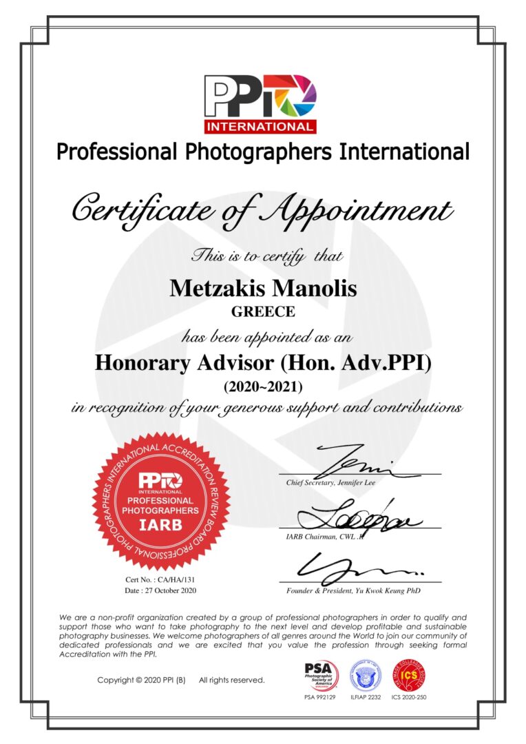 Two hononary titles from PPI (Professional Photographers International)!- PPI Honorary Advisor (Hon. Adv.PPI)- Certified Master Photographer (CMP.PPI)