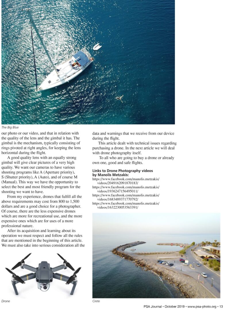 Article about Drone Photography, part A in October 2019 PSA Journal, page 11.