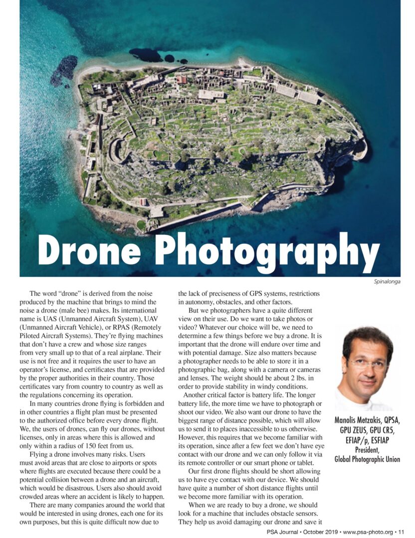 Article about Drone Photography, part A in October 2019 PSA Journal, page 11.